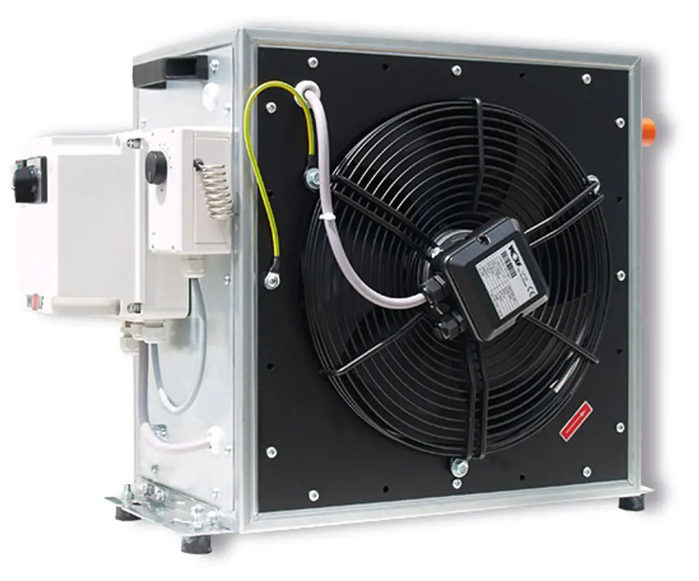 Luftheizer von Wolf mit einem großen Ventilator, Thermostat und elektrischen Anschlüssen, montiert in einem stabilen Gehäuse.